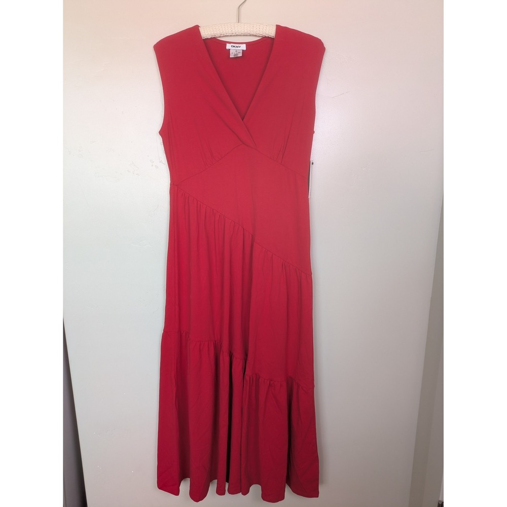 NEW DKNY Maxi Dress Women's S Cherry Red Tiered Surplice V-Neck Sleeveless